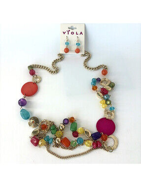 Viola Boho Multicolor Long Beaded Statement Necklace Earrings Set Gold Tone